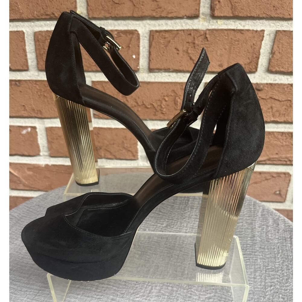 Michael Kors Black Suede Platform Heels with Gold Ribbed Block Heels